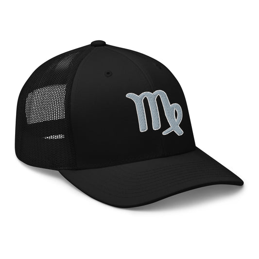 Black trucker hat featuring Zodiac Sign Virgo embroidered artwork, product image 1
