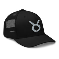 Black trucker hat featuring Zodiac Sign Taurus embroidered artwork, product image 1