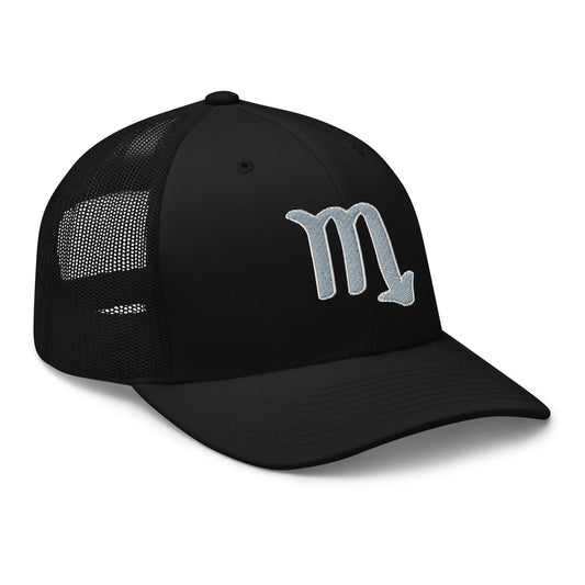 Black trucker hat featuring Zodiac Sign Scorpio embroidered artwork, product image 1