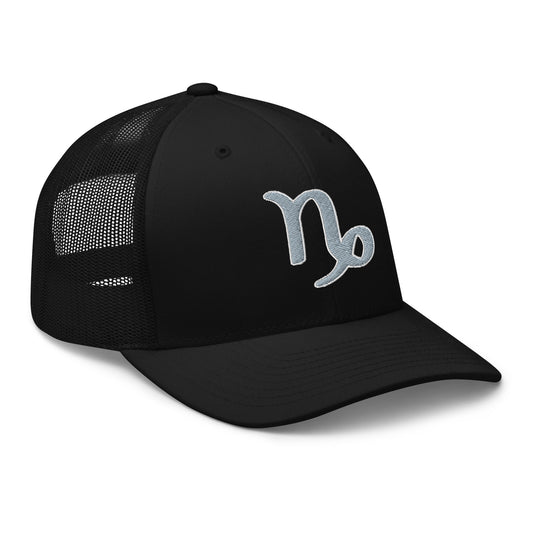 Black trucker hat featuring Zodiac Sign Capricorn embroidered artwork, product image 1