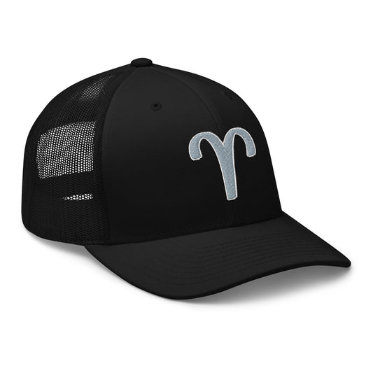 Black trucker hat featuring Zodiac Sign Aries embroidered artwork, product image 1