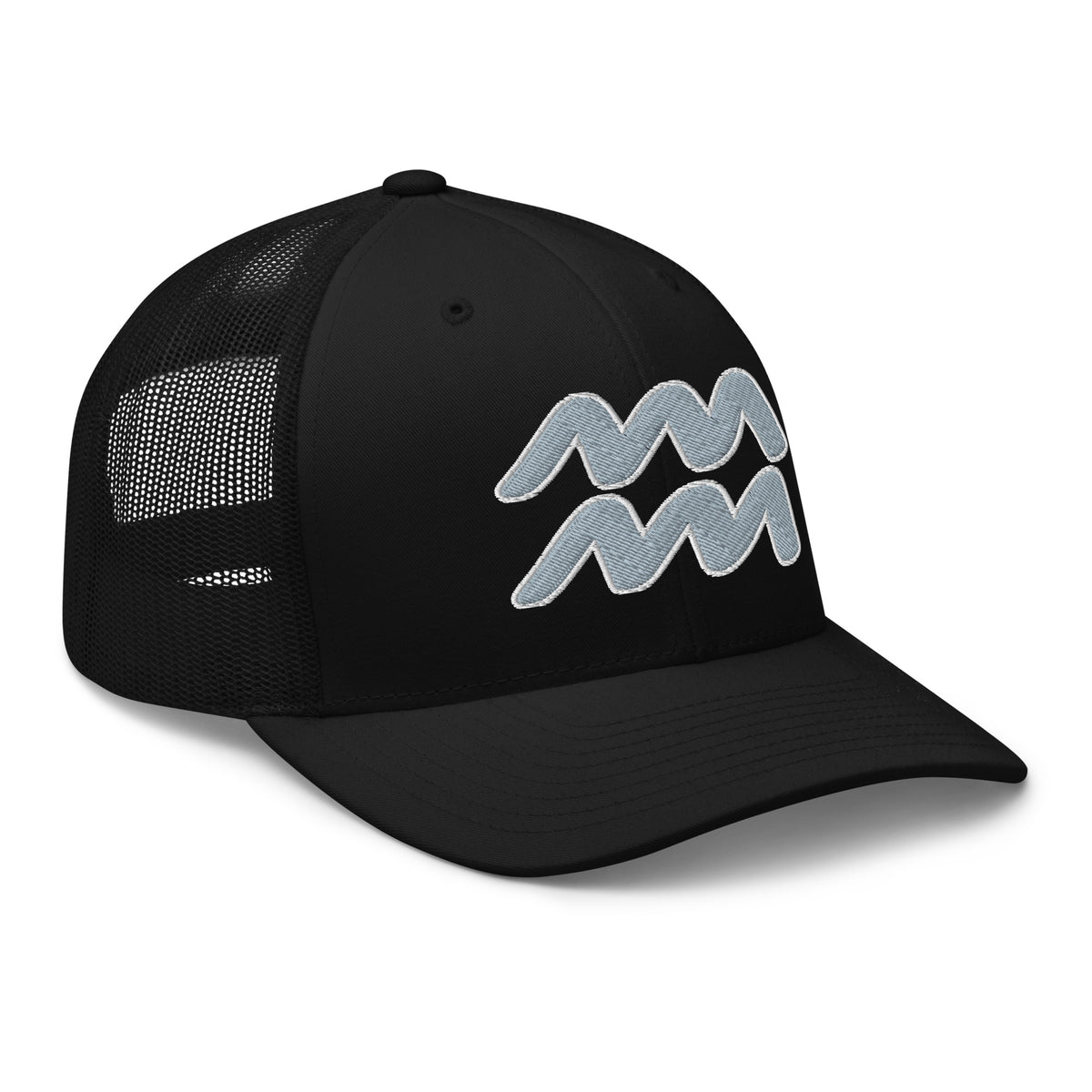 Black trucker hat featuring Zodiac Sign Aquarius embroidered artwork, product image 1