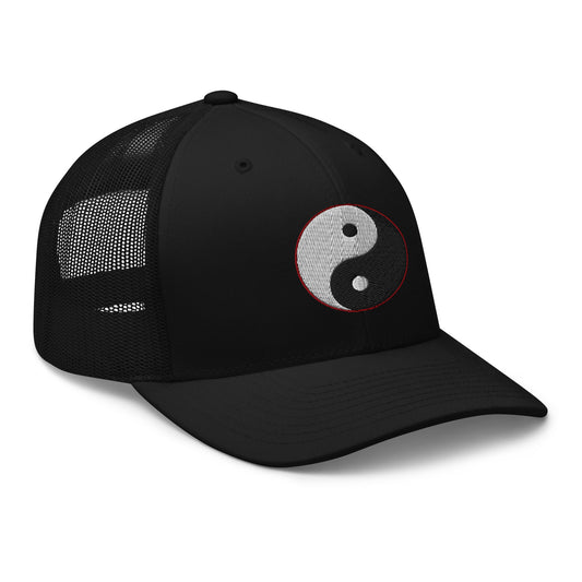 Black trucker hat featuring Yin and Yang Chinese Symbol embroidered artwork, product image 1