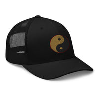 Black trucker hat featuring Yin Yang Gold Chinese Symbol embroidered artwork, product image 1