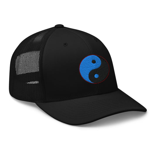 Black trucker hat featuring Yin Yang Blue Chinese Symbol embroidered artwork, product image 1