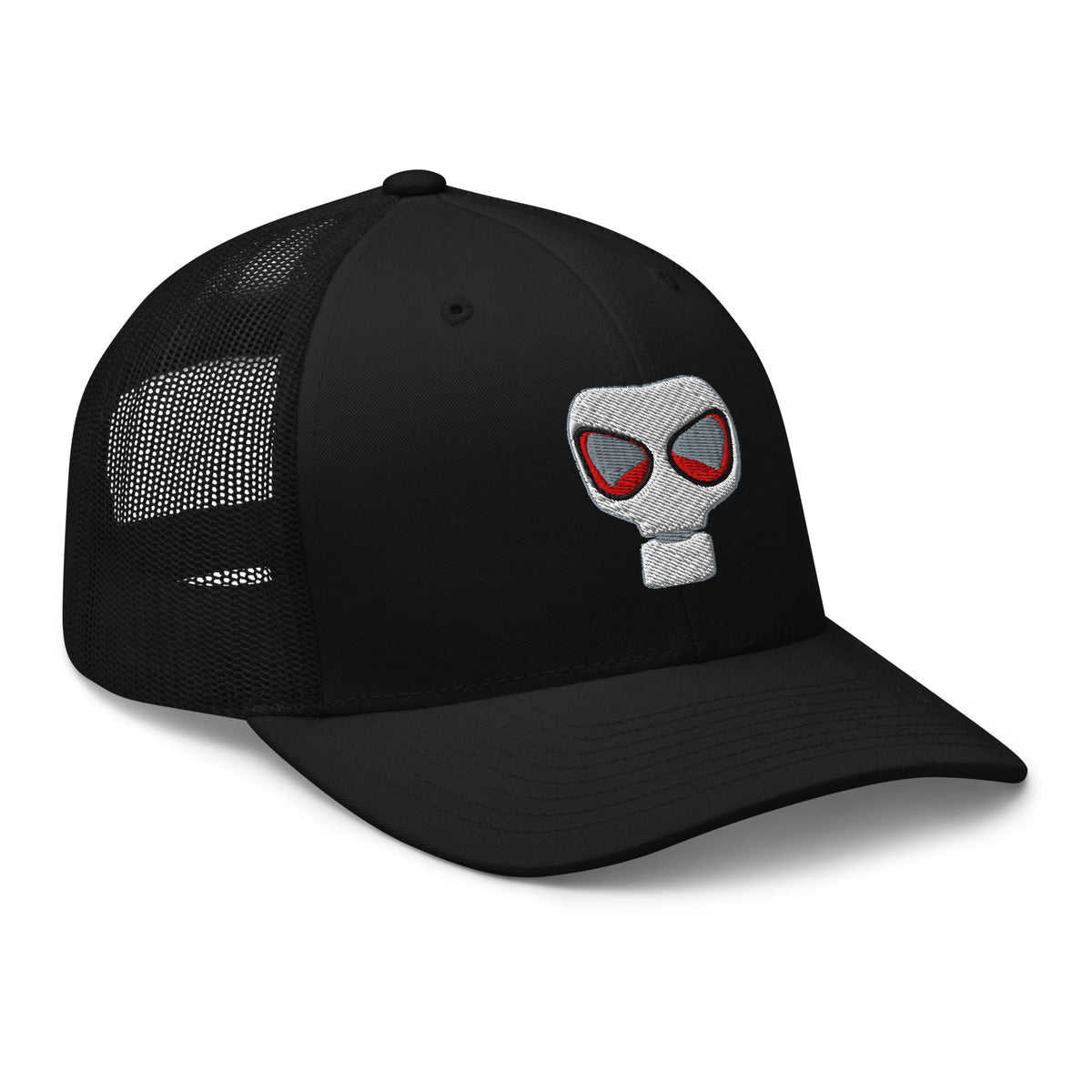 Navy trucker hat featuring WWII Era Bio Hazard Gas Mask embroidered artwork, product image 3