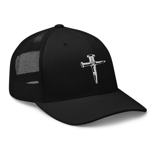 Black trucker hat featuring Wooden Stakes Cross Vampire Hunter embroidered artwork, product image 1