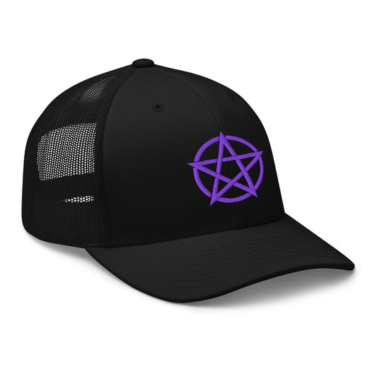 Black trucker hat featuring Purple Witchcraft Woven Pentacle Pagan embroidered artwork, product image 1