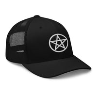 Navy trucker hat featuring White Wiccan Witchcraft Pentagram embroidered artwork, product image 3