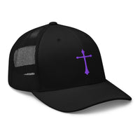 Black trucker hat featuring Purple Gothic Medeival Cross embroidered artwork, product image 1