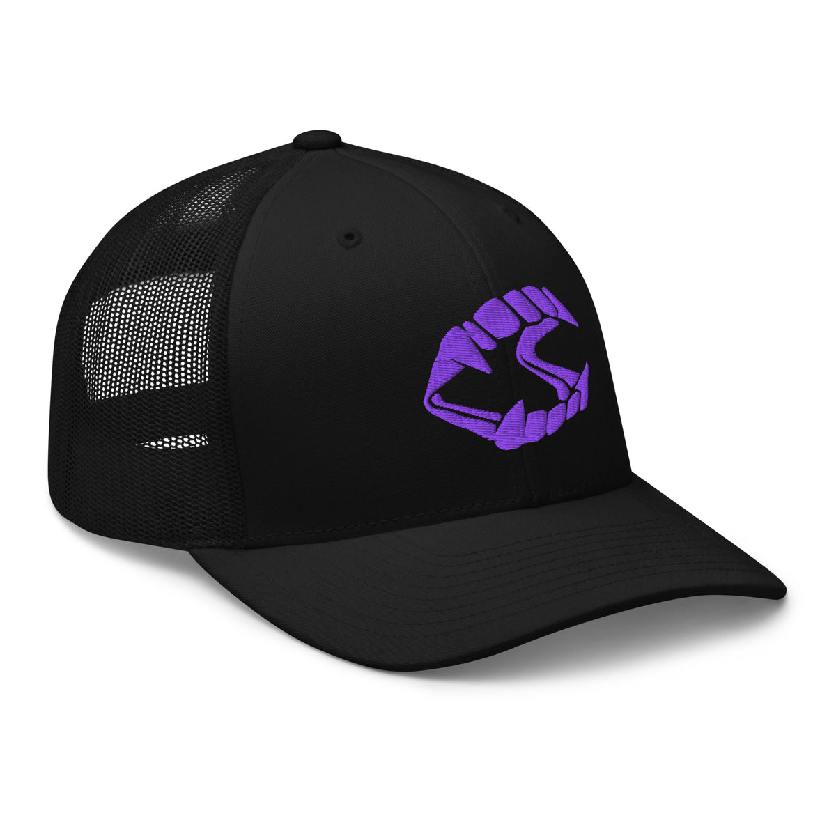 Black trucker hat featuring Purple Vampire Novelty Fangs embroidered artwork, product image 1