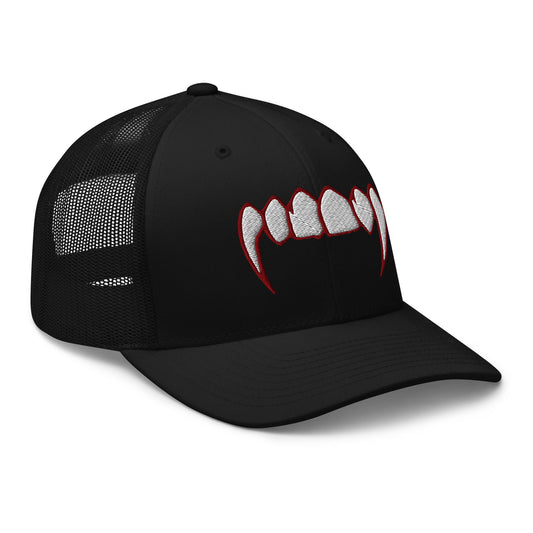 Black trucker hat featuring Bloody Dracula Vampire Fangs embroidered artwork, product image 1