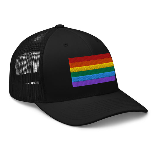 Black trucker hat featuring LGBTQ+ Rainbow Pride embroidered artwork, product image 1