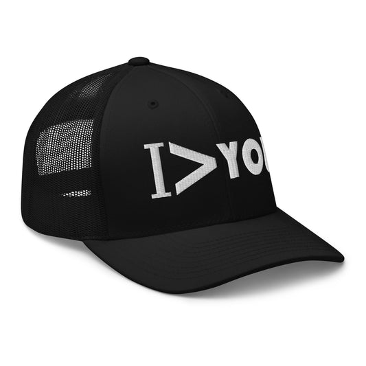 Black trucker hat featuring I Am Greater Than You embroidered artwork, product image 1