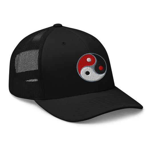 Black trucker hat featuring Triple Yin Yang Chinese Symbol embroidered artwork, product image 1