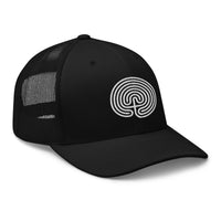 Black trucker hat featuring Ancient Labyrinth Maze Symbol embroidered artwork, product image 1