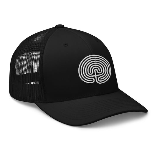 Black trucker hat featuring Ancient Labyrinth Maze Symbol embroidered artwork, product image 1