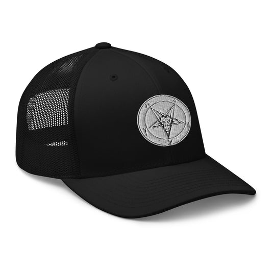 Black trucker hat featuring White Baphomet Sigil embroidered artwork, product image 1