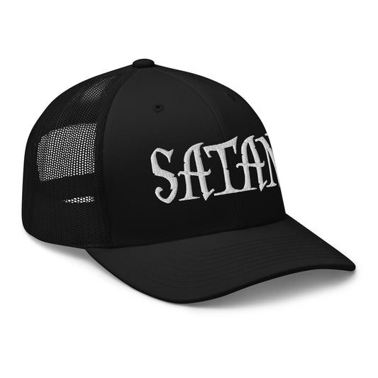 Black trucker hat featuring White Satan Pure Evil embroidered artwork, product image 1