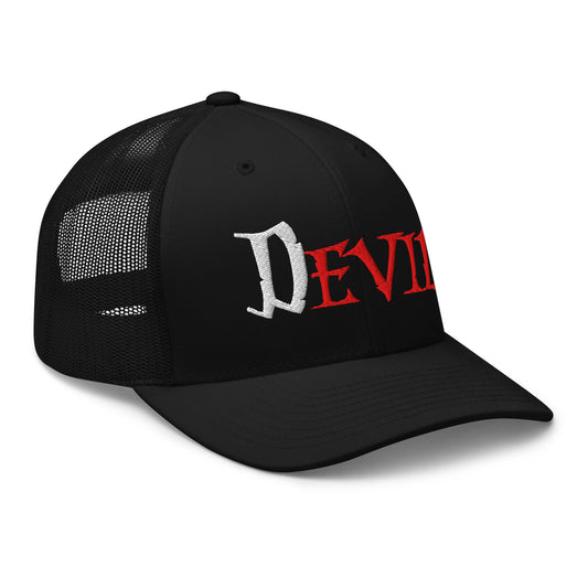 Black trucker hat featuring The Devil Is Evil embroidered artwork, product image 1