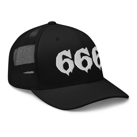 Black trucker hat featuring White 666 embroidered artwork, product image 1