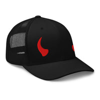 Black trucker hat featuring Red Devil Horns embroidered artwork, product image 1