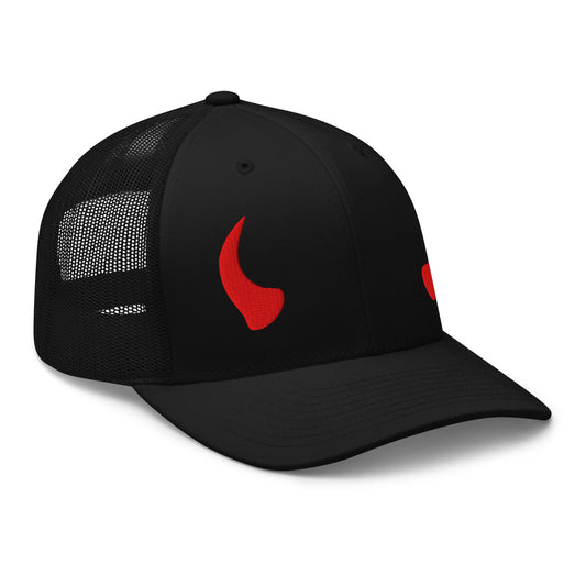 Black trucker hat featuring Red Devil Horns embroidered artwork, product image 1