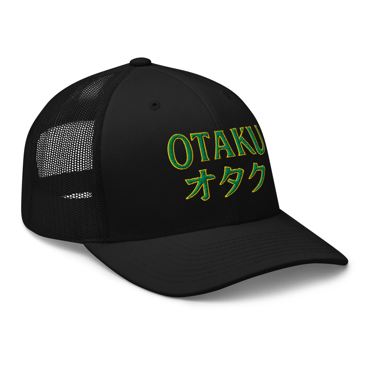 Black trucker hat featuring Otaku オタク Japanese Culture embroidered artwork, product image 1