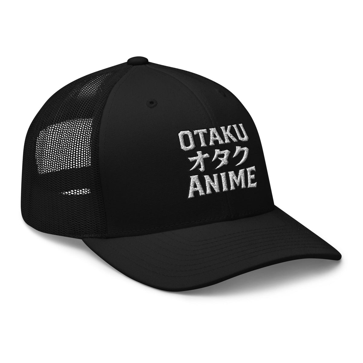 Charcoal/ Black trucker hat featuring Otaku オタク Anime embroidered artwork, product image 4