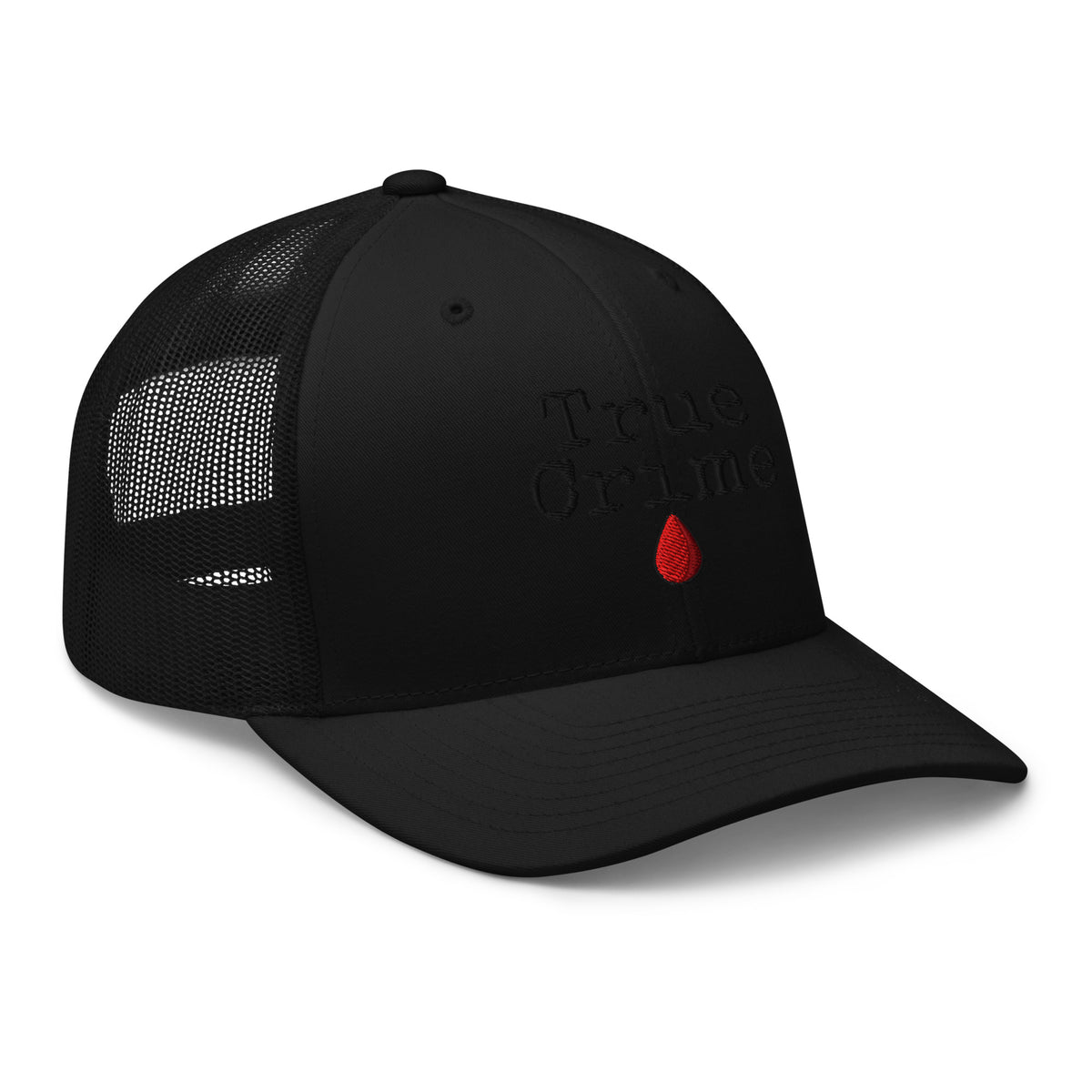 Charcoal/ Black trucker hat featuring True Crime Blood Drop embroidered artwork, product image 4