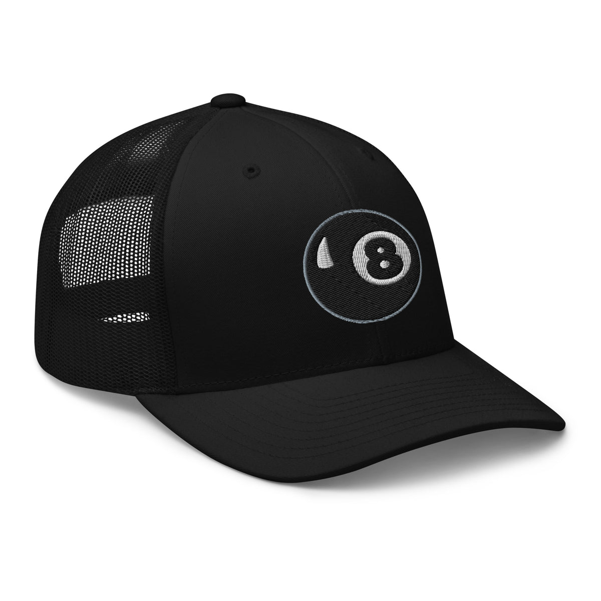 Charcoal/ Black trucker hat featuring Black 8 Ball Billiards embroidered artwork, product image 4