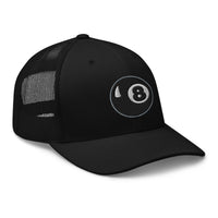 Charcoal/ Black trucker hat featuring Black 8 Ball Billiards embroidered artwork, product image 4