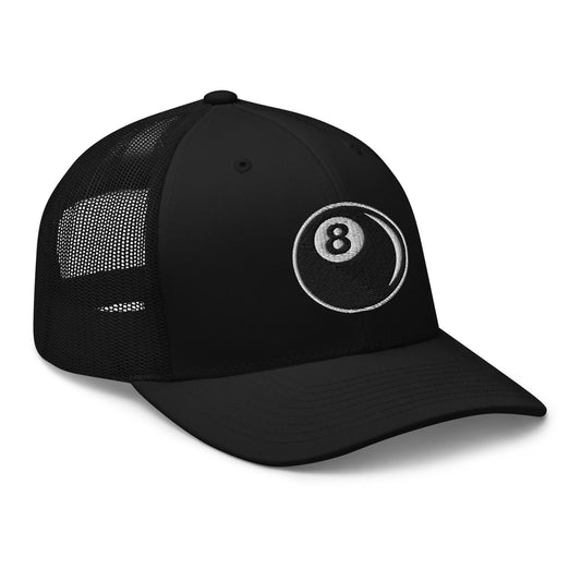 Black trucker hat featuring Eight Ball Billiards embroidered artwork, product image 1