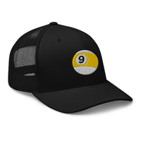 Black trucker hat featuring Nine Ball Stripe Billiards embroidered artwork, product image 1