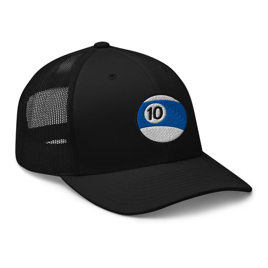 Black trucker hat featuring Ten Ball Billiards embroidered artwork, product image 1