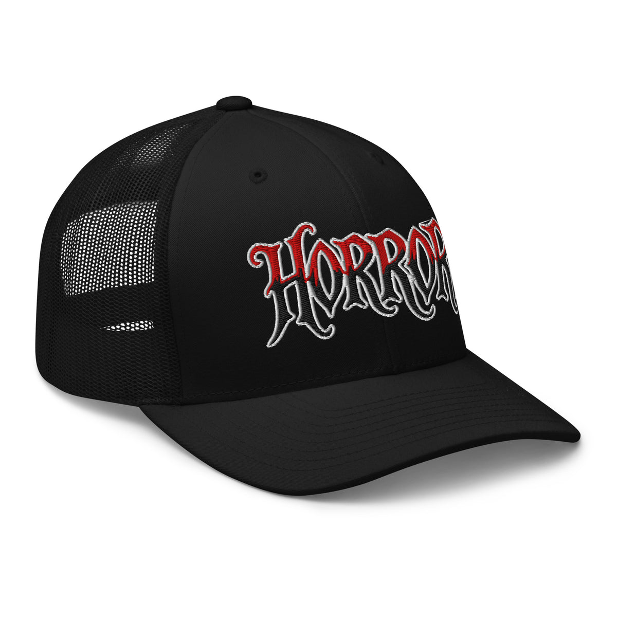 Black trucker hat featuring HORROR embroidered artwork, product image 1