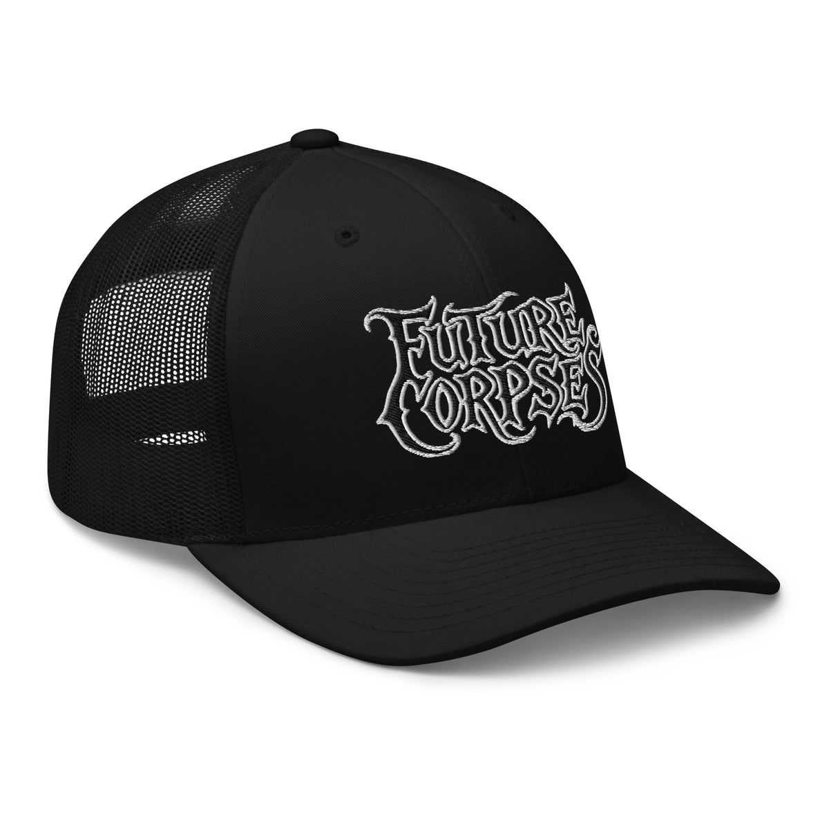 Charcoal/ Black trucker hat featuring Future Corpses Horror embroidered artwork, product image 4