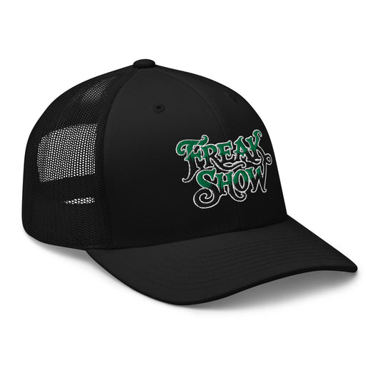 Black trucker hat featuring Freak Show Horror Carnival embroidered artwork, product image 1
