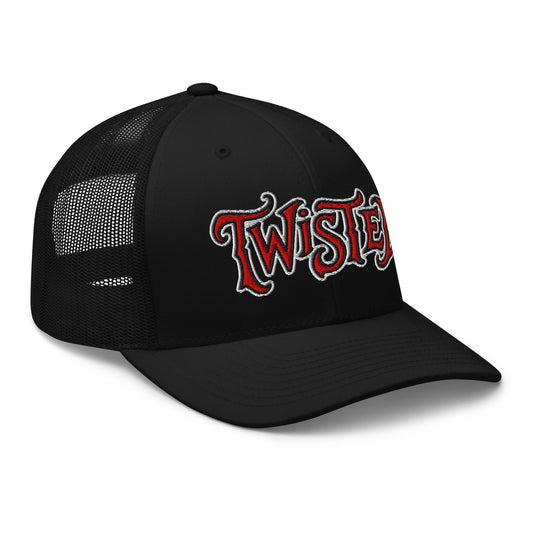 Black trucker hat featuring Twisted Horror Carnival embroidered artwork, product image 1