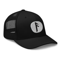 Black trucker hat featuring Ansuz Rune embroidered artwork, product image 1