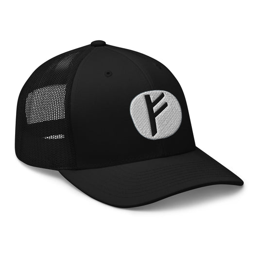 Black trucker hat featuring Fehu Rune embroidered artwork, product image 1