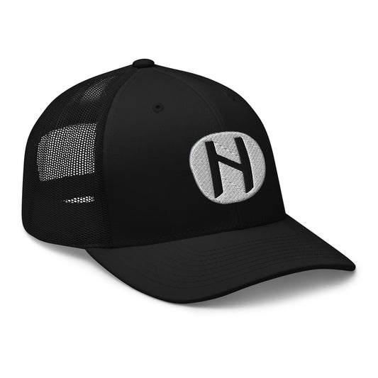 Black trucker hat featuring Hagalaz Rune embroidered artwork, product image 1
