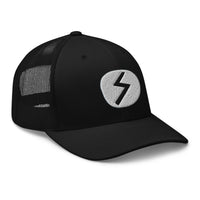 Black trucker hat featuring Sowilo Rune embroidered artwork, product image 1