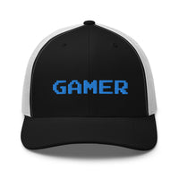 Charcoal/ Black trucker hat featuring 8 Bit Gamer Embroidered Retro embroidered artwork, product image 5
