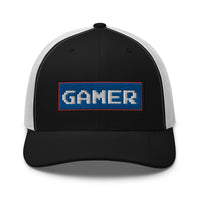Navy trucker hat featuring 80's Retro Style 8 Bit Gamer embroidered artwork, product image 3