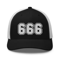Navy/ White trucker hat featuring White 666 Number of the Beast Embroidered Retro embroidered artwork, product image 4