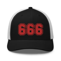 Charcoal/ Black trucker hat featuring Red 666 Number of the Beast Embroidered Retro embroidered artwork, product image 5