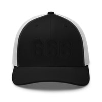 Charcoal/ Black trucker hat featuring Black 666 Number of the Beast Embroidered Retro embroidered artwork, product image 5