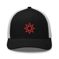 Charcoal/ Black trucker hat featuring Red 8 Point Star Octagram Anu God Embroidered Retro embroidered artwork, product image 5