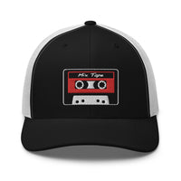 Black trucker hat featuring 80's Style Retro Cassette Mix Tape Embroidered Retro embroidered artwork, product image 1